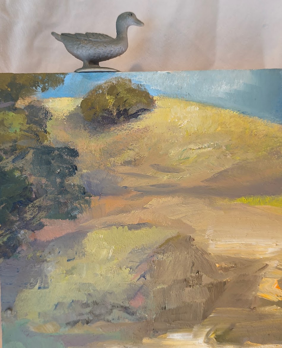 Duck oil on canvas w figurine. 5x5_22 Duck